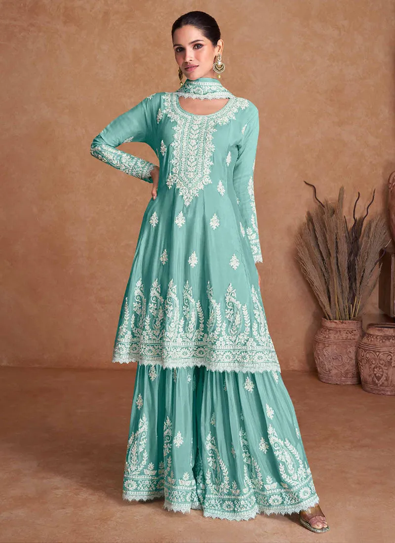 Teal Blue Thread Work Embroidery Wedding Gharara Style Suit