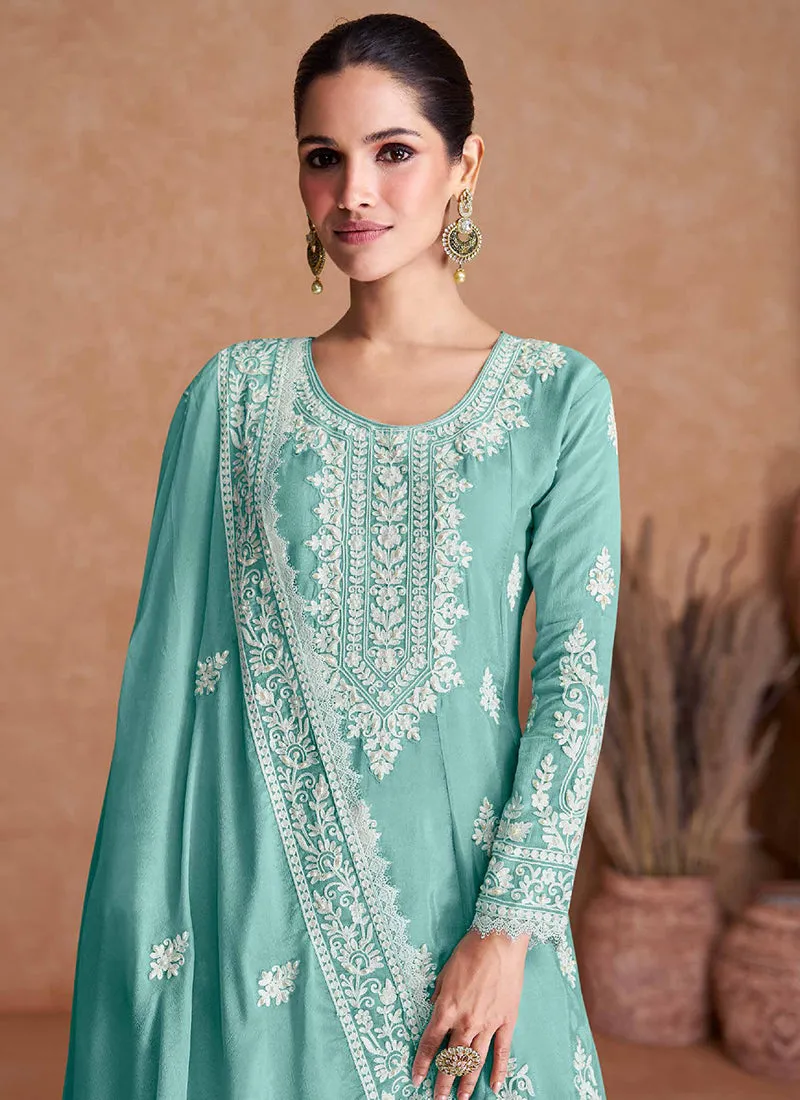 Teal Blue Thread Work Embroidery Wedding Gharara Style Suit