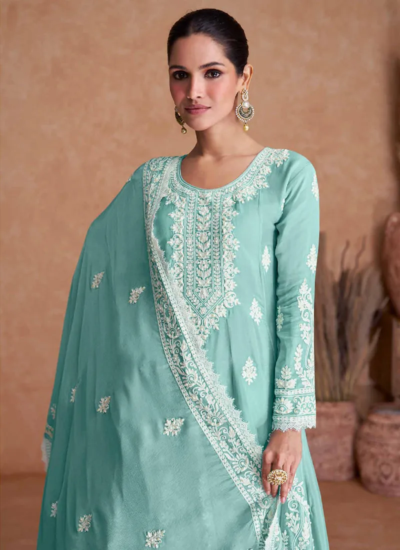 Teal Blue Thread Work Embroidery Wedding Gharara Style Suit