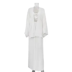 Three-Piece Ruffled Cardigan and Pants Set - Spaghetti Strap Top and Wide Leg Pants