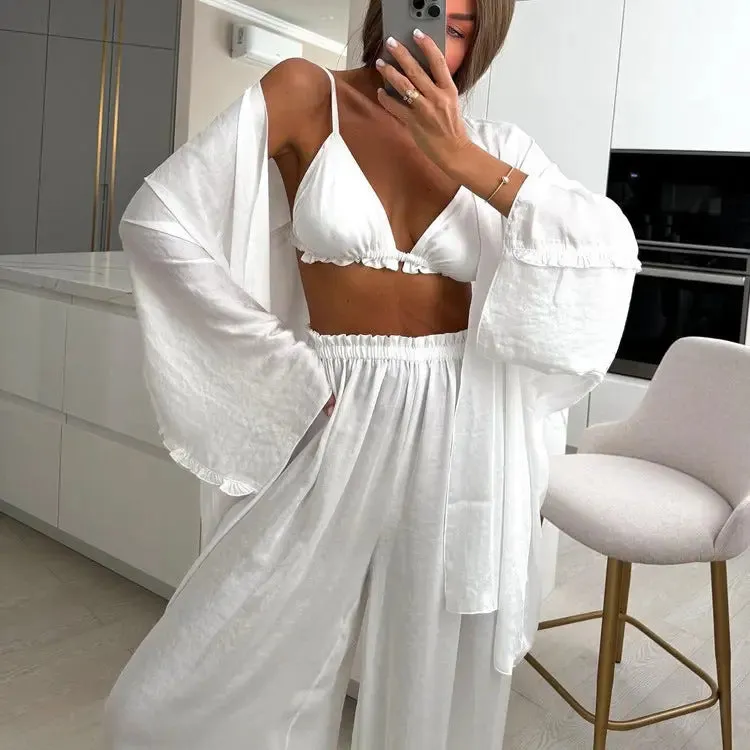 Three-Piece Ruffled Cardigan and Pants Set - Spaghetti Strap Top and Wide Leg Pants