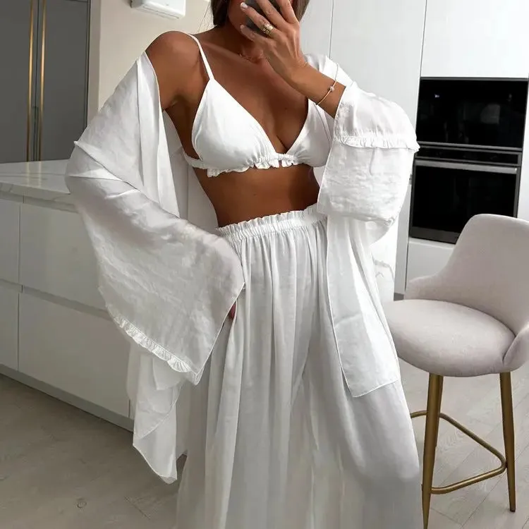 Three-Piece Ruffled Cardigan and Pants Set - Spaghetti Strap Top and Wide Leg Pants