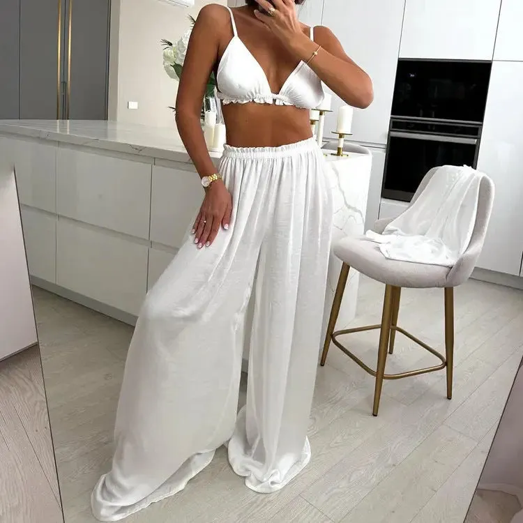 Three-Piece Ruffled Cardigan and Pants Set - Spaghetti Strap Top and Wide Leg Pants