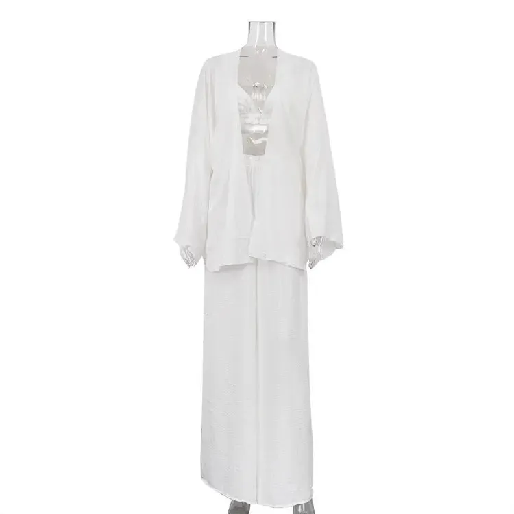 Three-Piece Ruffled Cardigan and Pants Set - Spaghetti Strap Top and Wide Leg Pants