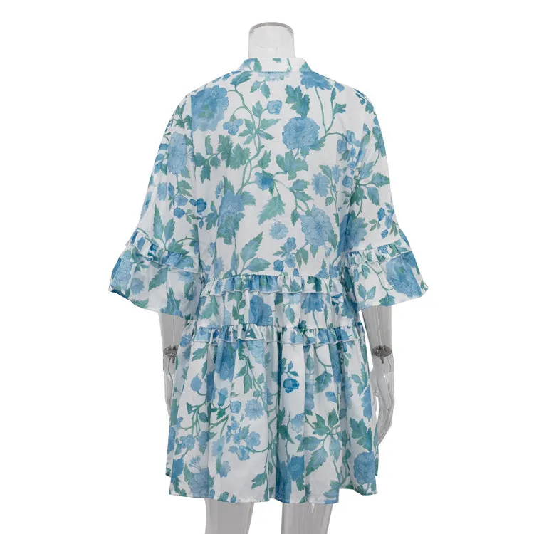 Tiered Ruffle Trim Button Down Mini Dress