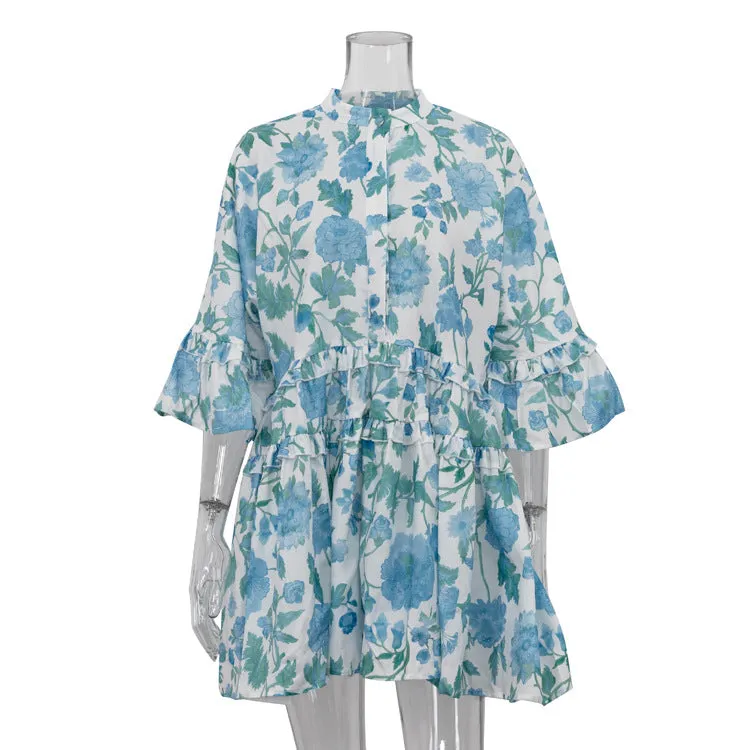 Tiered Ruffle Trim Button Down Mini Dress