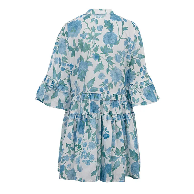 Tiered Ruffle Trim Button Down Mini Dress
