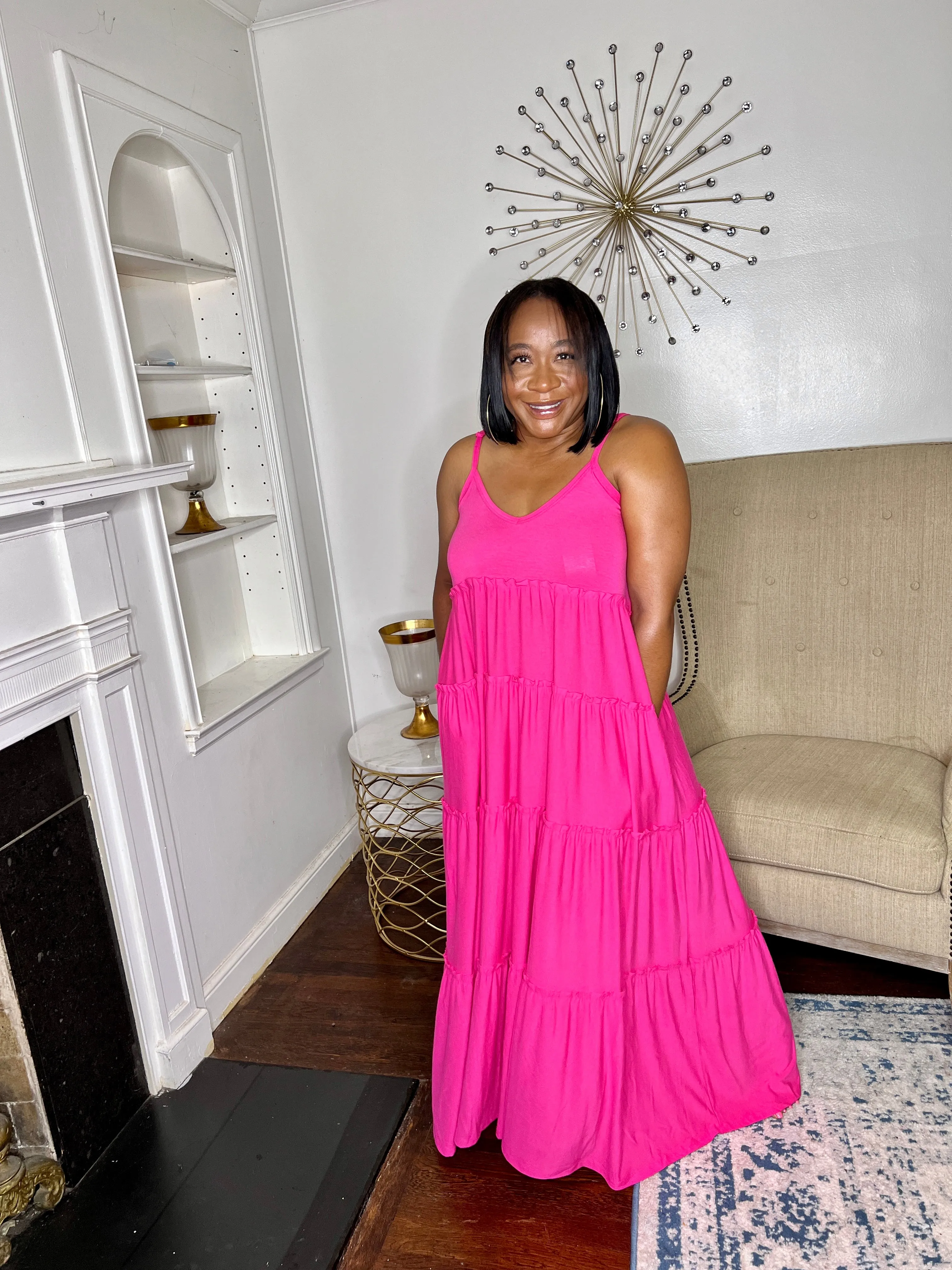 Tiered V-neck Maxi Dress- Fuschia