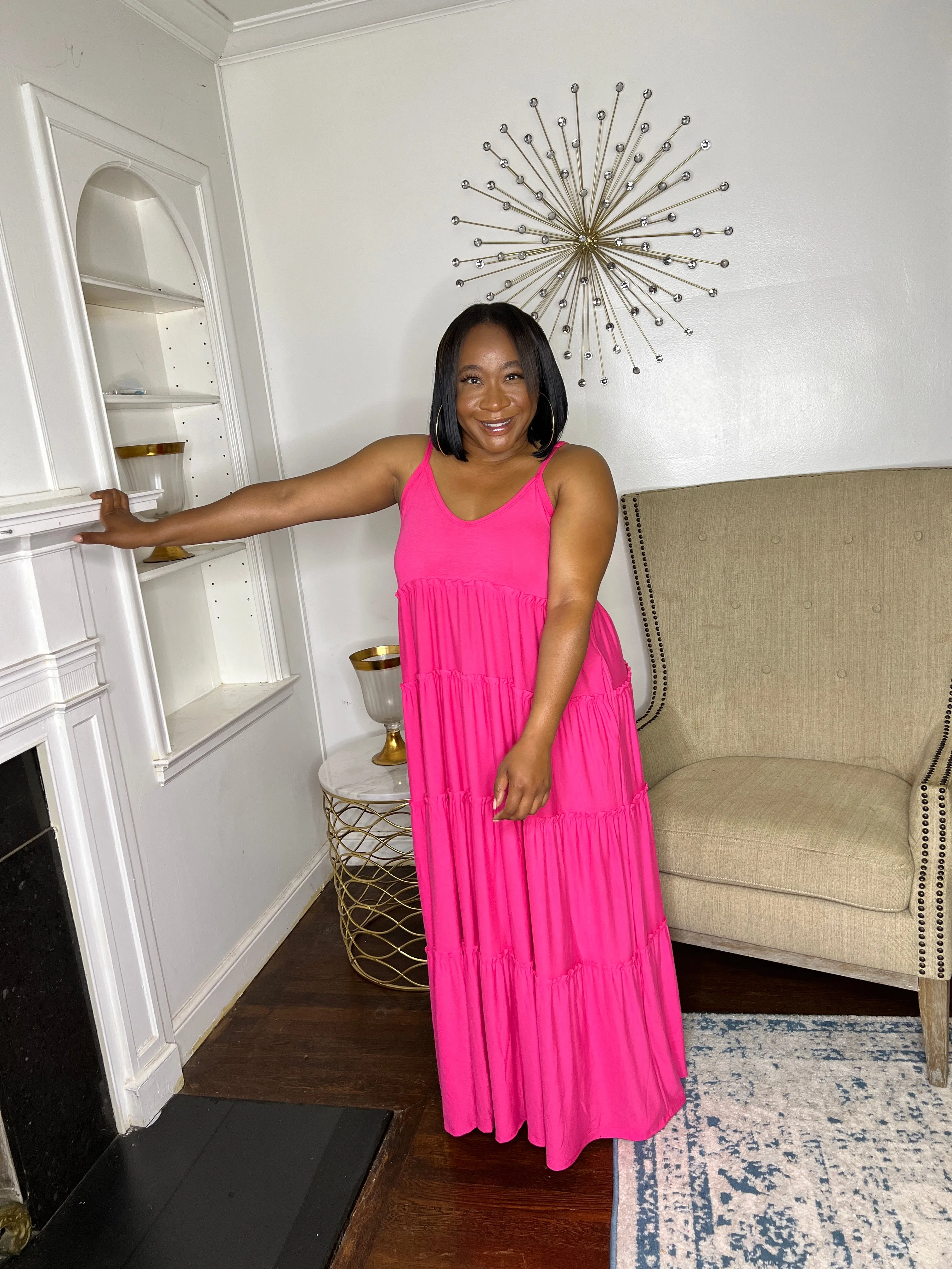 Tiered V-neck Maxi Dress- Fuschia