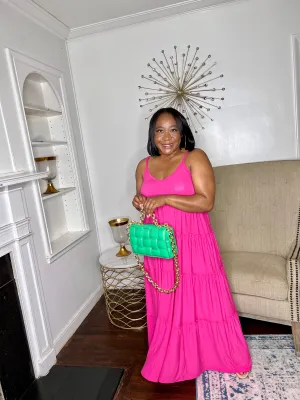 Tiered V-neck Maxi Dress- Fuschia