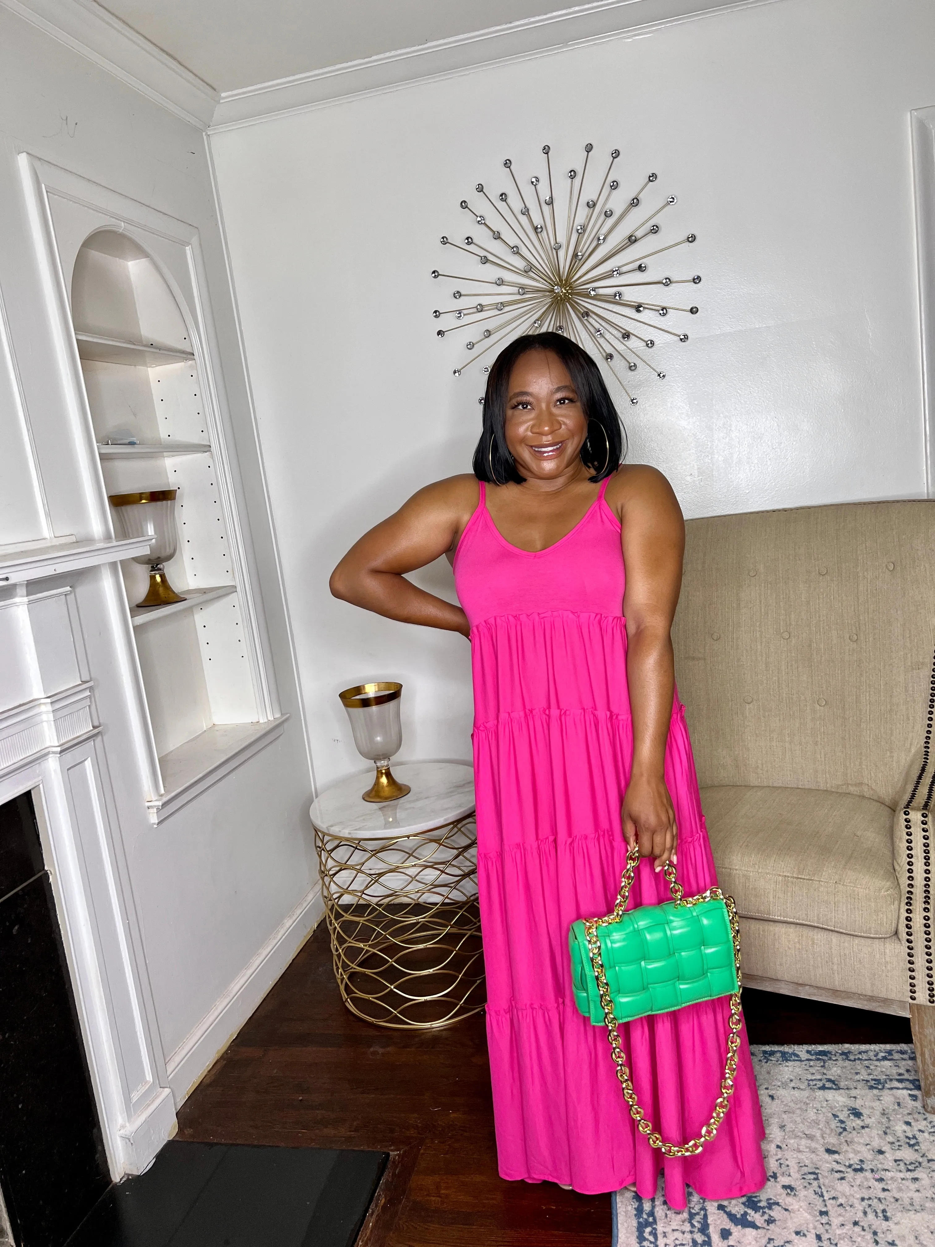 Tiered V-neck Maxi Dress- Fuschia