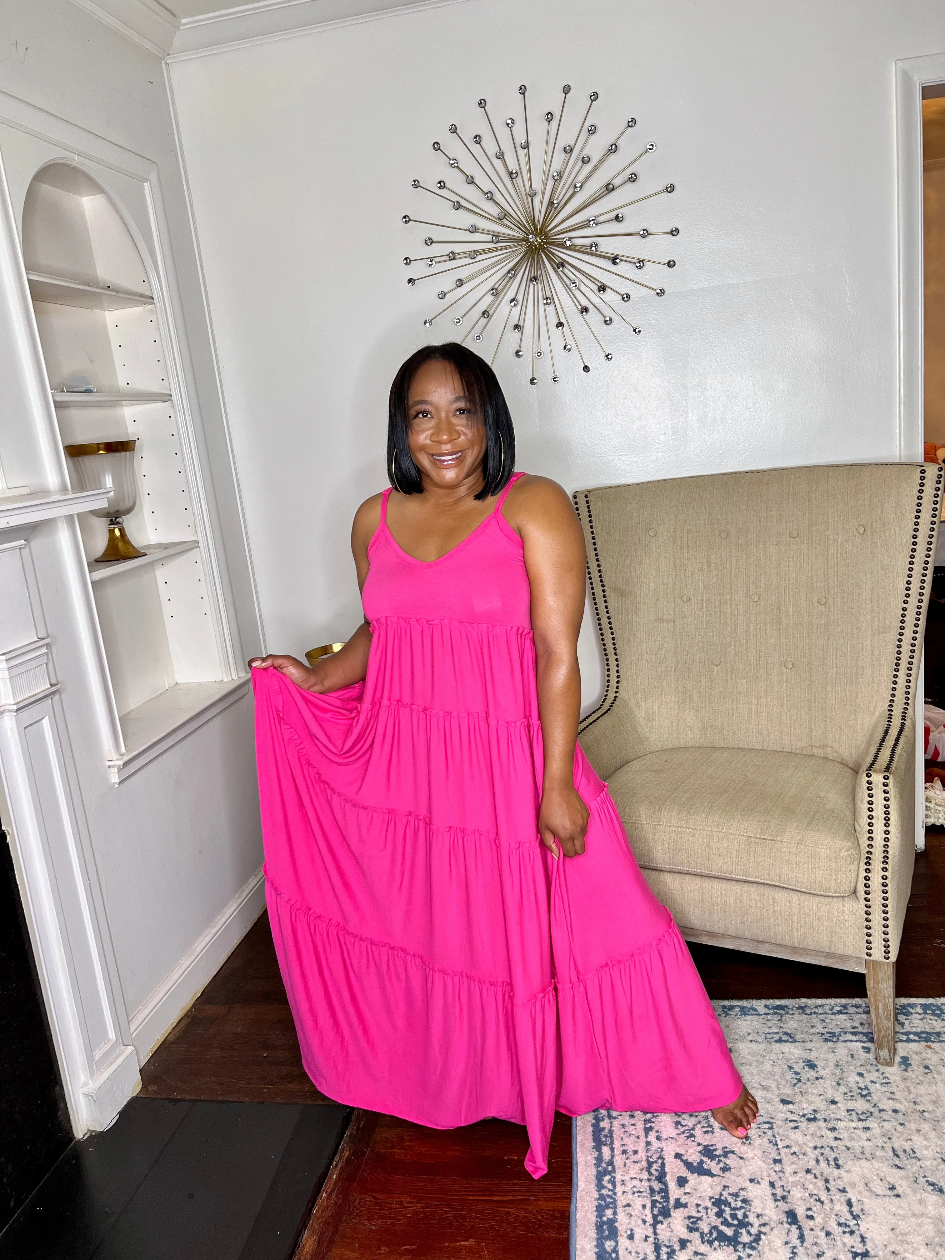 Tiered V-neck Maxi Dress- Fuschia