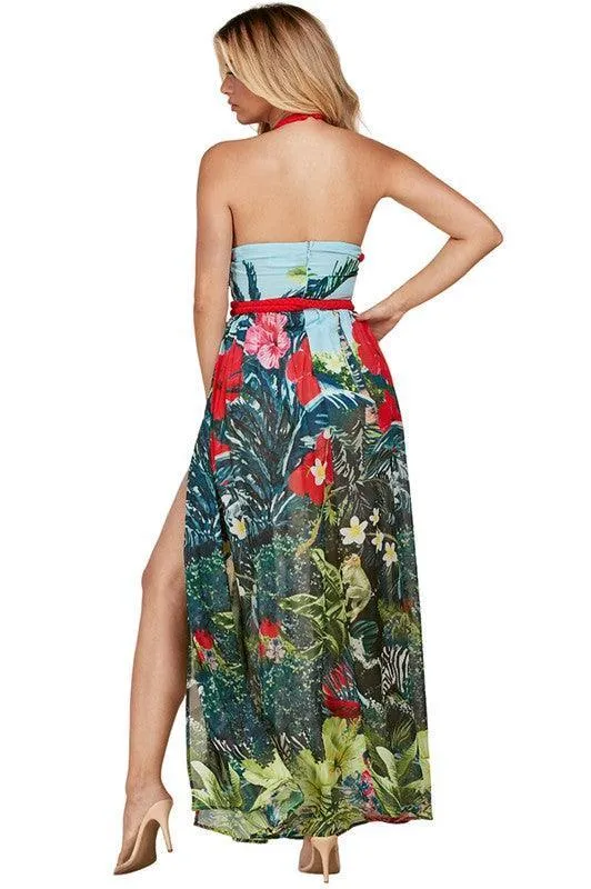 Tropical Braided Halter Open Back Maxi Dress