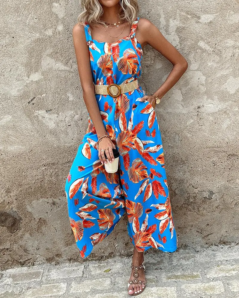 Tropical Print Wide Leg Jumpsuit