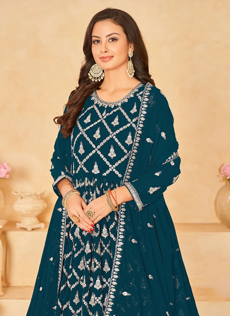 Turquoise Embroidered Traditional Georgette Anarkali Suit