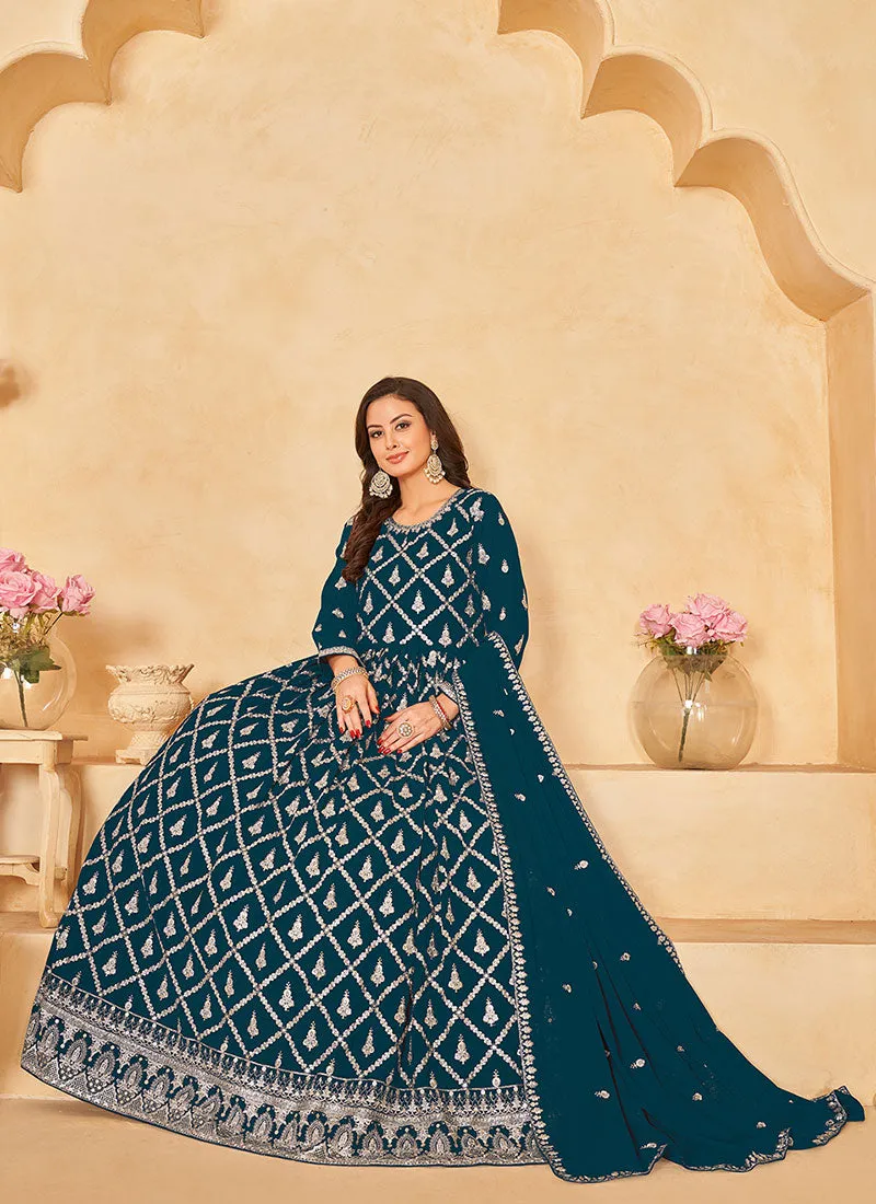 Turquoise Embroidered Traditional Georgette Anarkali Suit