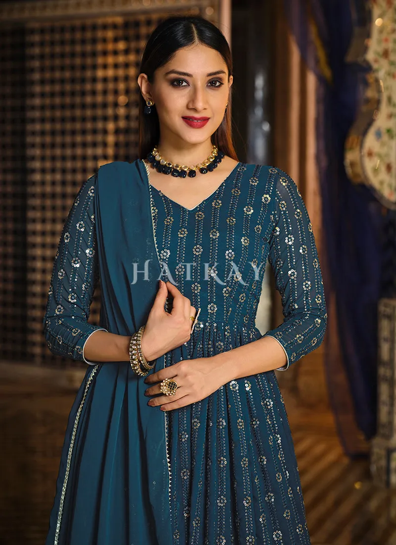 Turquoise Sequence Embroidered Pleated Anarkali Lehenga Suit