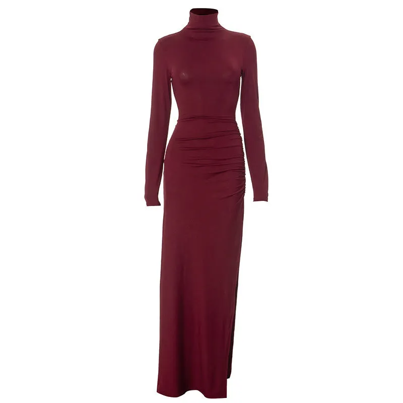 Turtle Neck Long Sleeve Side Slit Maxi Dress