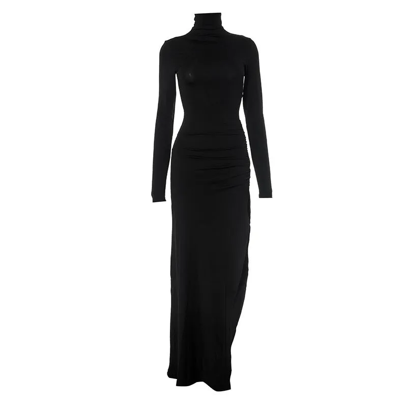 Turtle Neck Long Sleeve Side Slit Maxi Dress