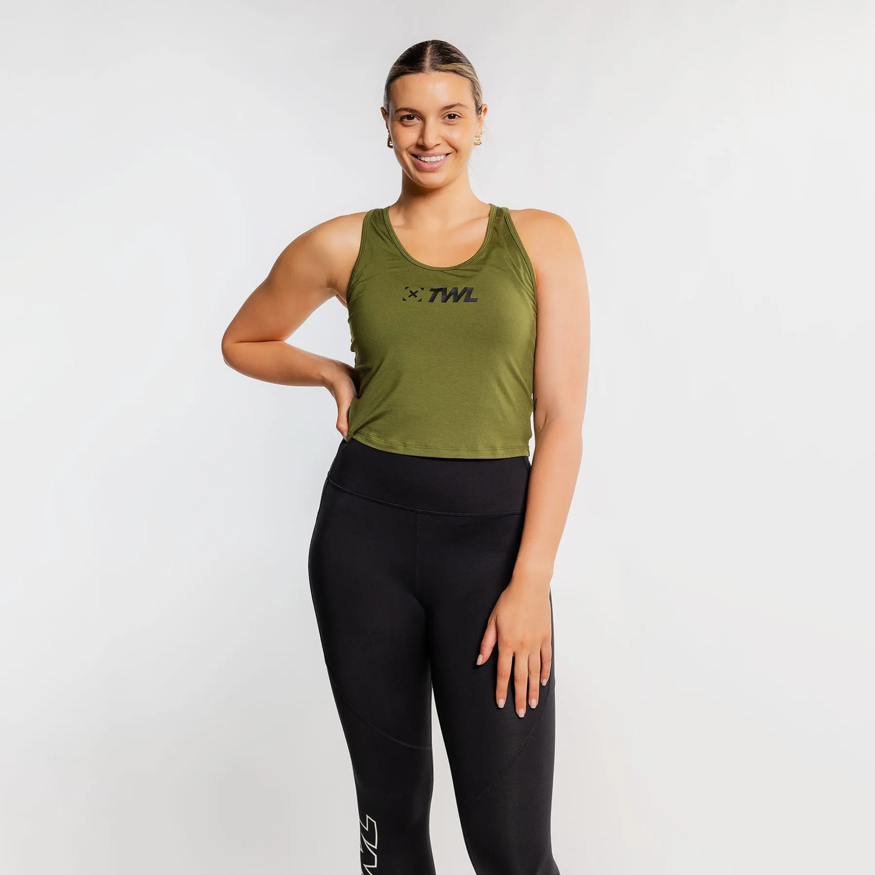 TWL - WOMEN'S EVERYDAY RACERBACK CROP TANK - DARK KHAKI/BLACK