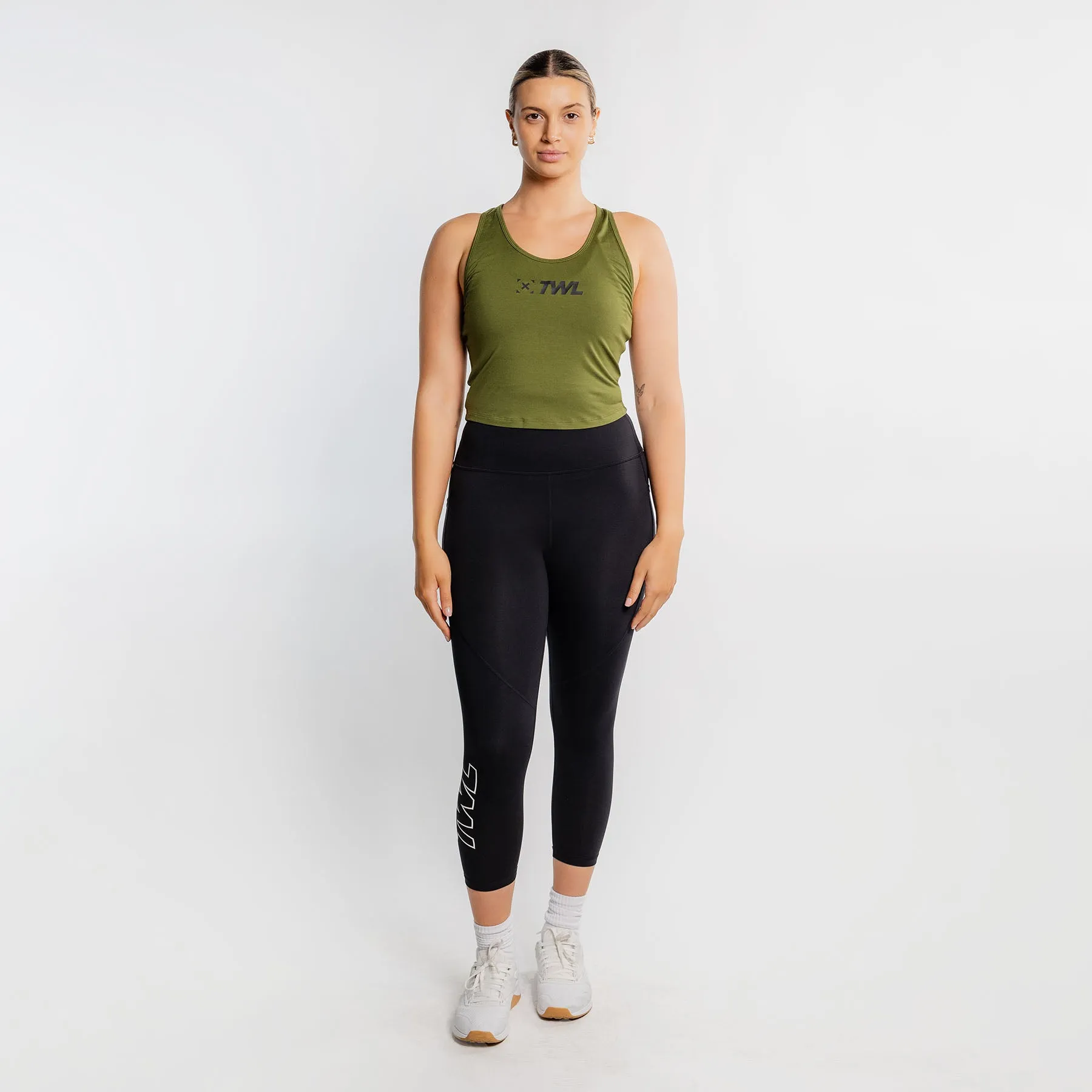TWL - WOMEN'S EVERYDAY RACERBACK CROP TANK - DARK KHAKI/BLACK