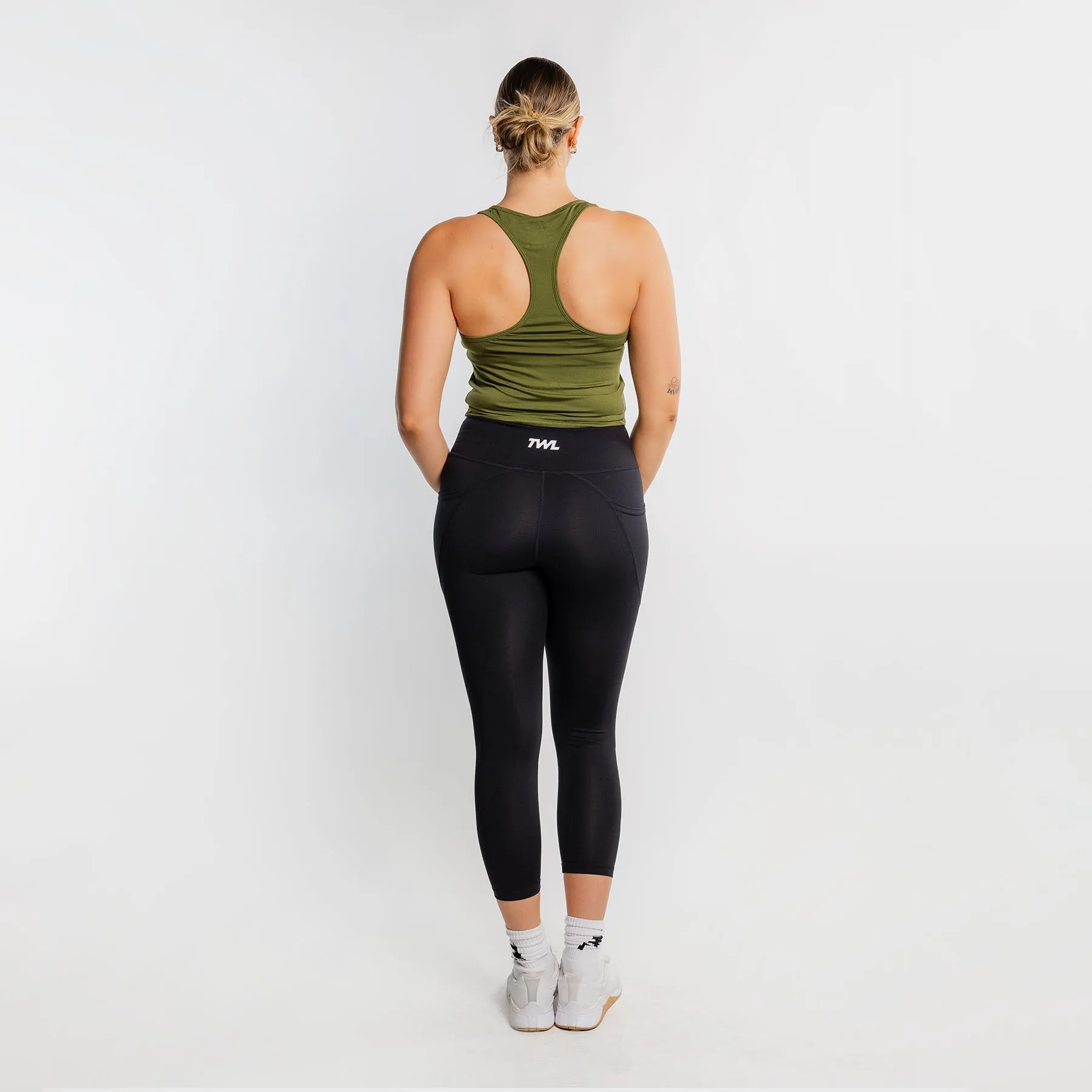 TWL - WOMEN'S EVERYDAY RACERBACK CROP TANK - DARK KHAKI/BLACK