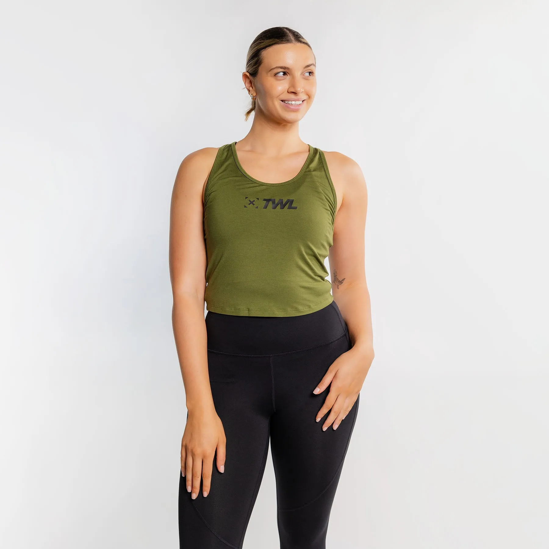 TWL - WOMEN'S EVERYDAY RACERBACK CROP TANK - DARK KHAKI/BLACK