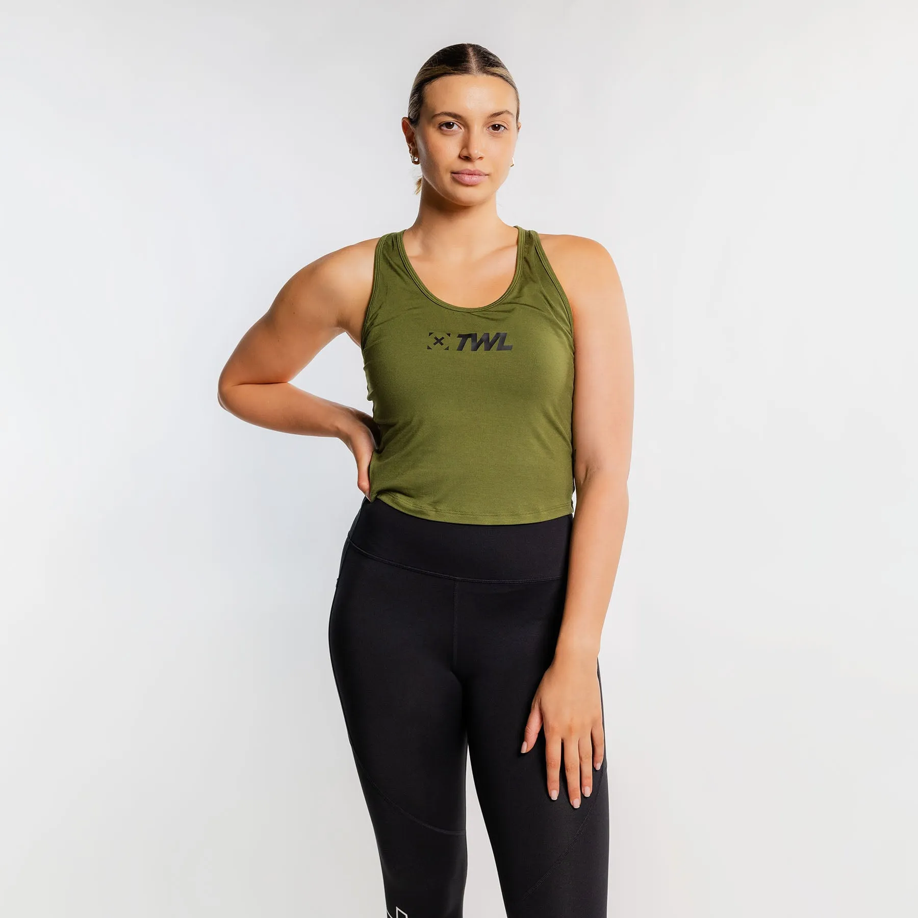 TWL - WOMEN'S EVERYDAY RACERBACK CROP TANK - DARK KHAKI/BLACK