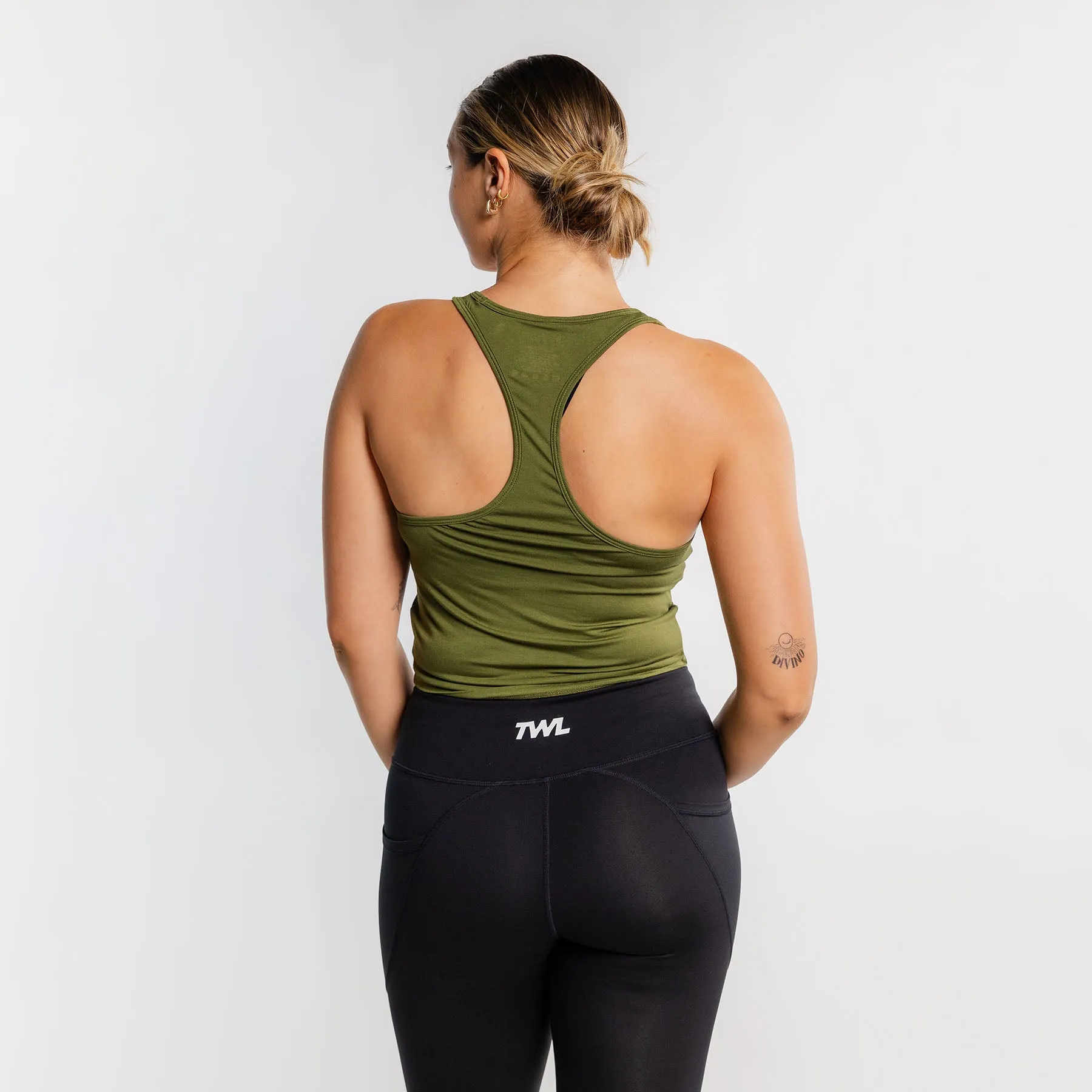 TWL - WOMEN'S EVERYDAY RACERBACK CROP TANK - DARK KHAKI/BLACK