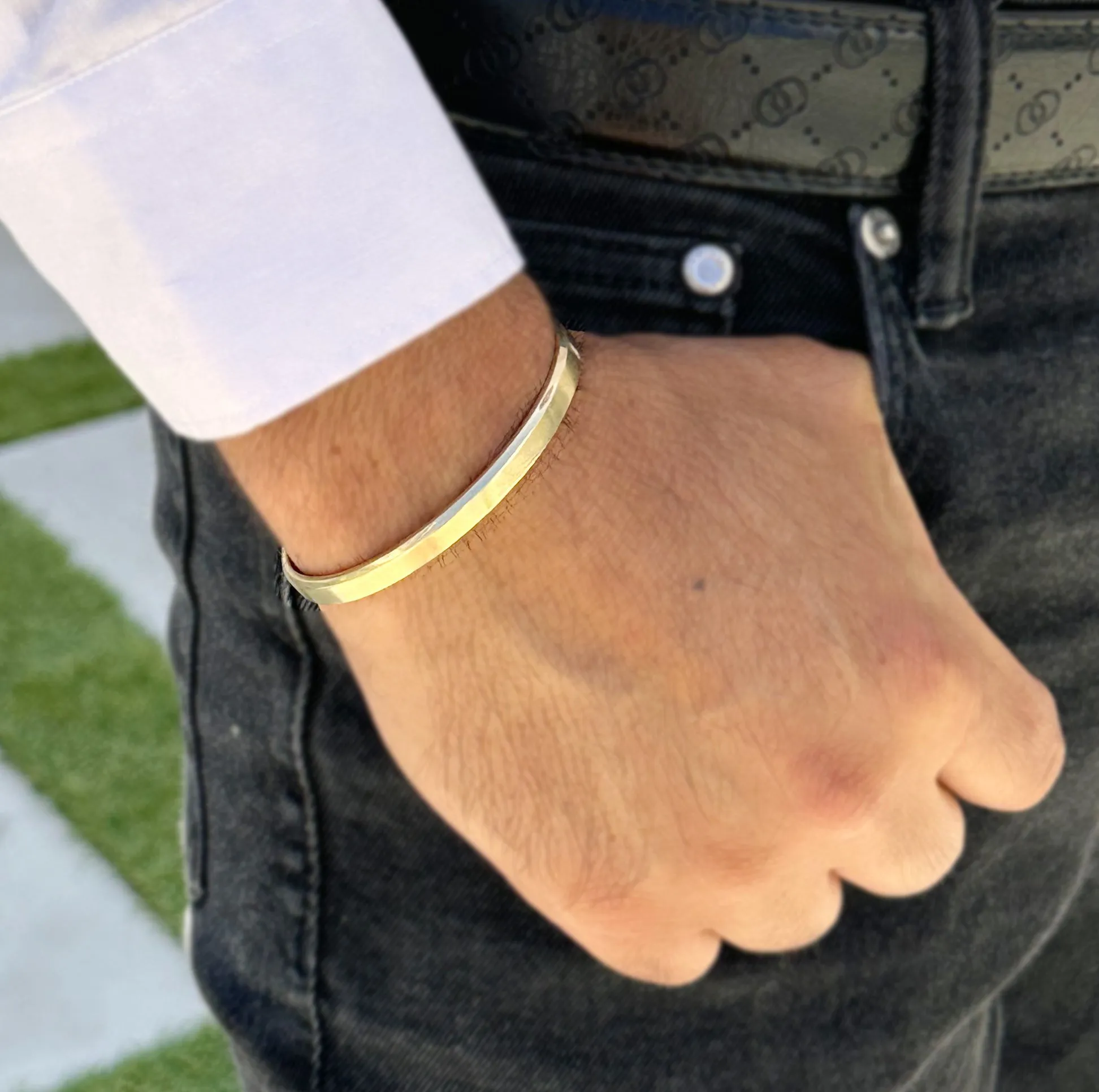 Two Round Diamonds 0.20ctw 14K , 18K Solid Heavy White Gold, Yellow Gold Or Rose Gold Men's Cuff Bangle 6mm Width Knife Cut Edges Brush Top