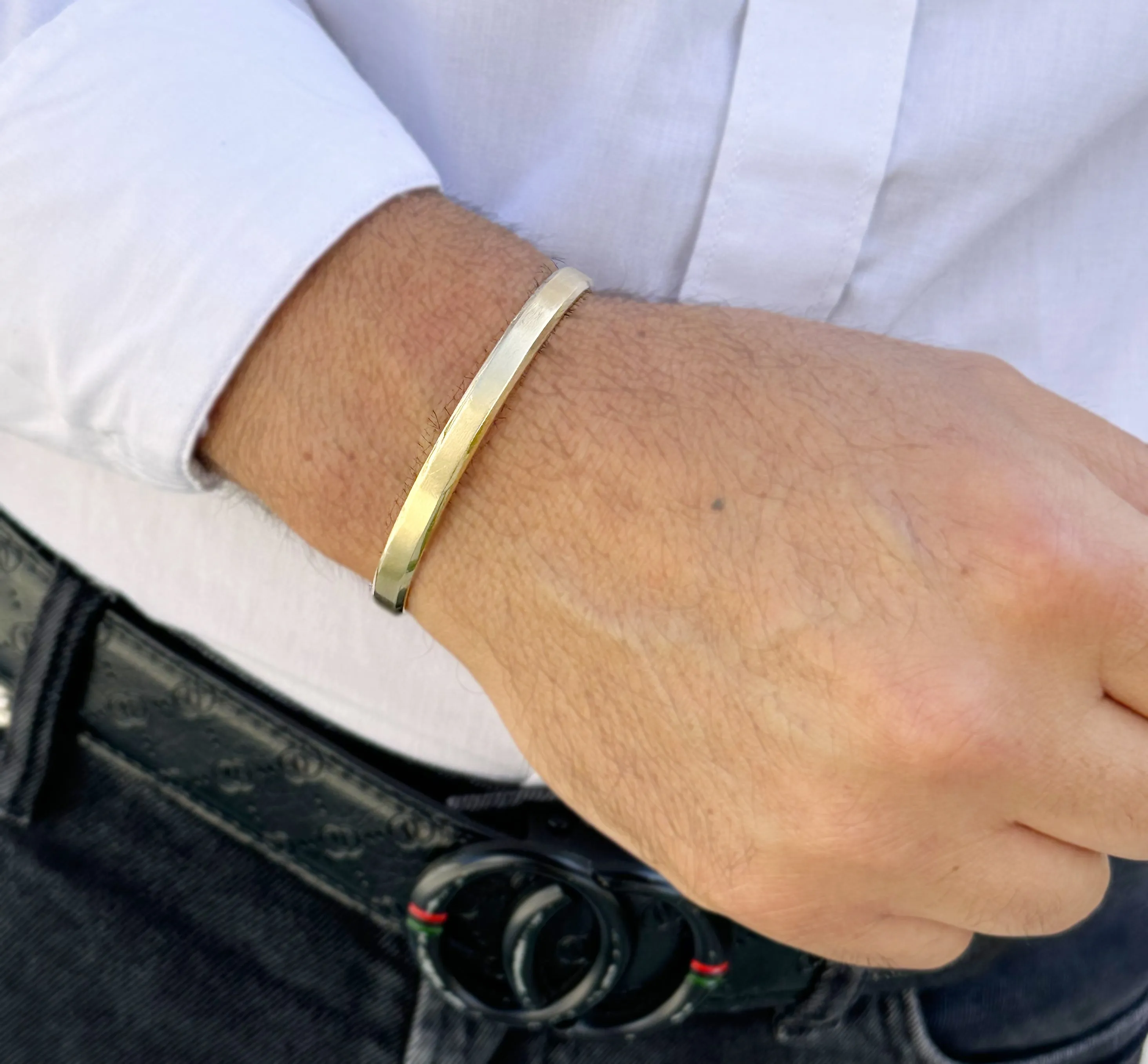 Two Round Diamonds 0.20ctw 14K , 18K Solid Heavy White Gold, Yellow Gold Or Rose Gold Men's Cuff Bangle 6mm Width Knife Cut Edges Brush Top