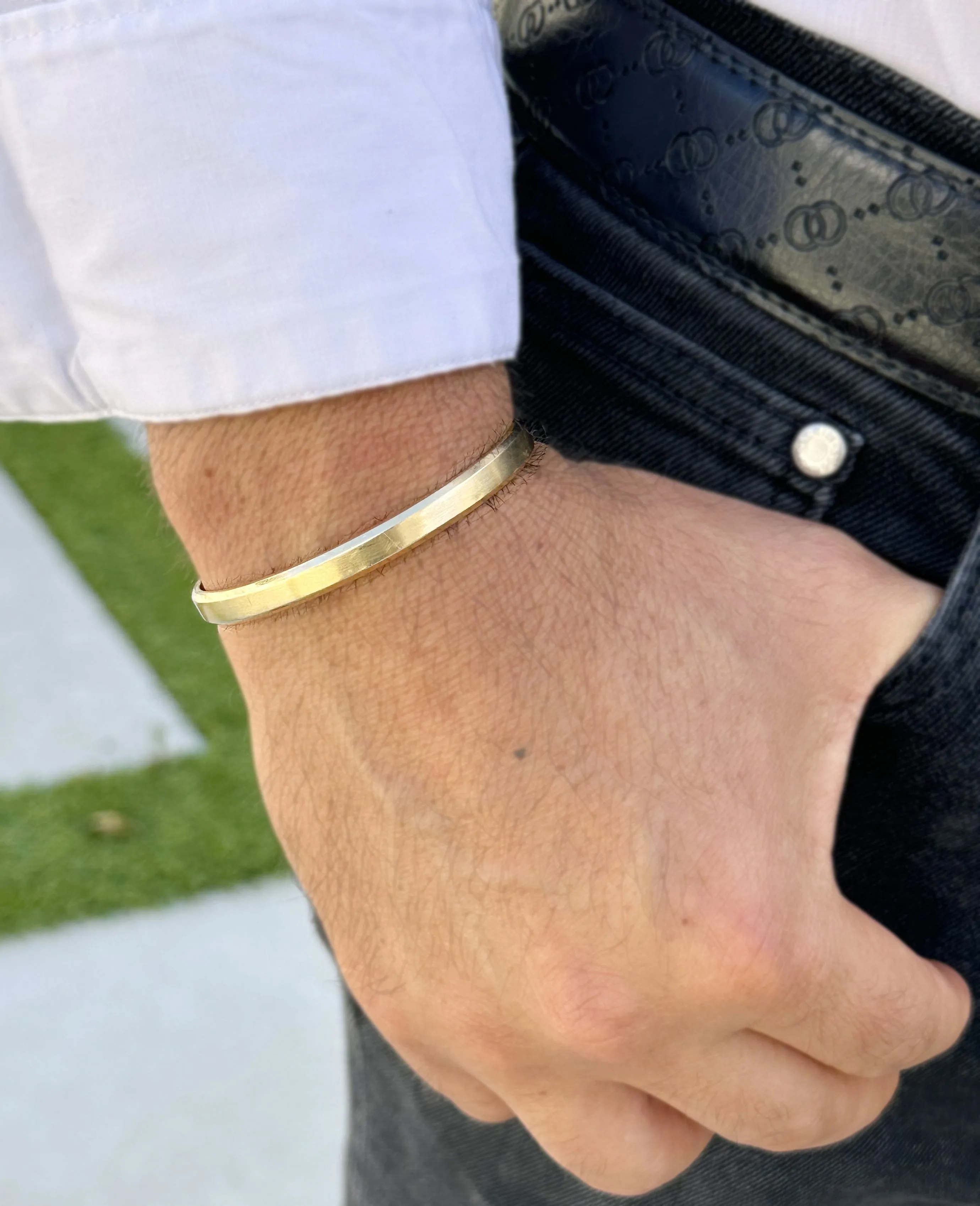 Two Round Diamonds 0.20ctw 14K , 18K Solid Heavy White Gold, Yellow Gold Or Rose Gold Men's Cuff Bangle 6mm Width Knife Cut Edges Brush Top