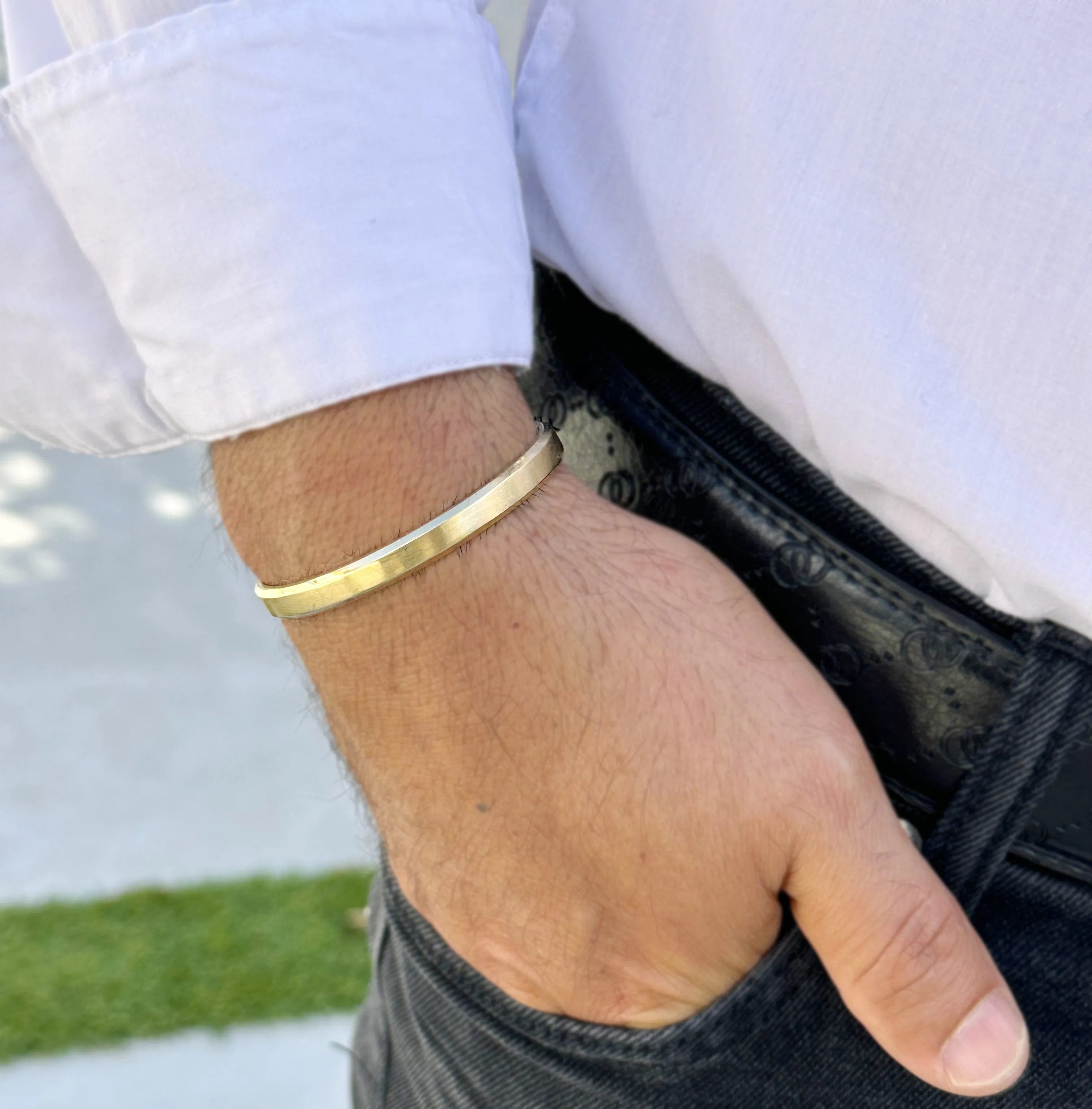 Two Round Diamonds 0.20ctw 14K , 18K Solid Heavy White Gold, Yellow Gold Or Rose Gold Men's Cuff Bangle 6mm Width Knife Cut Edges Brush Top