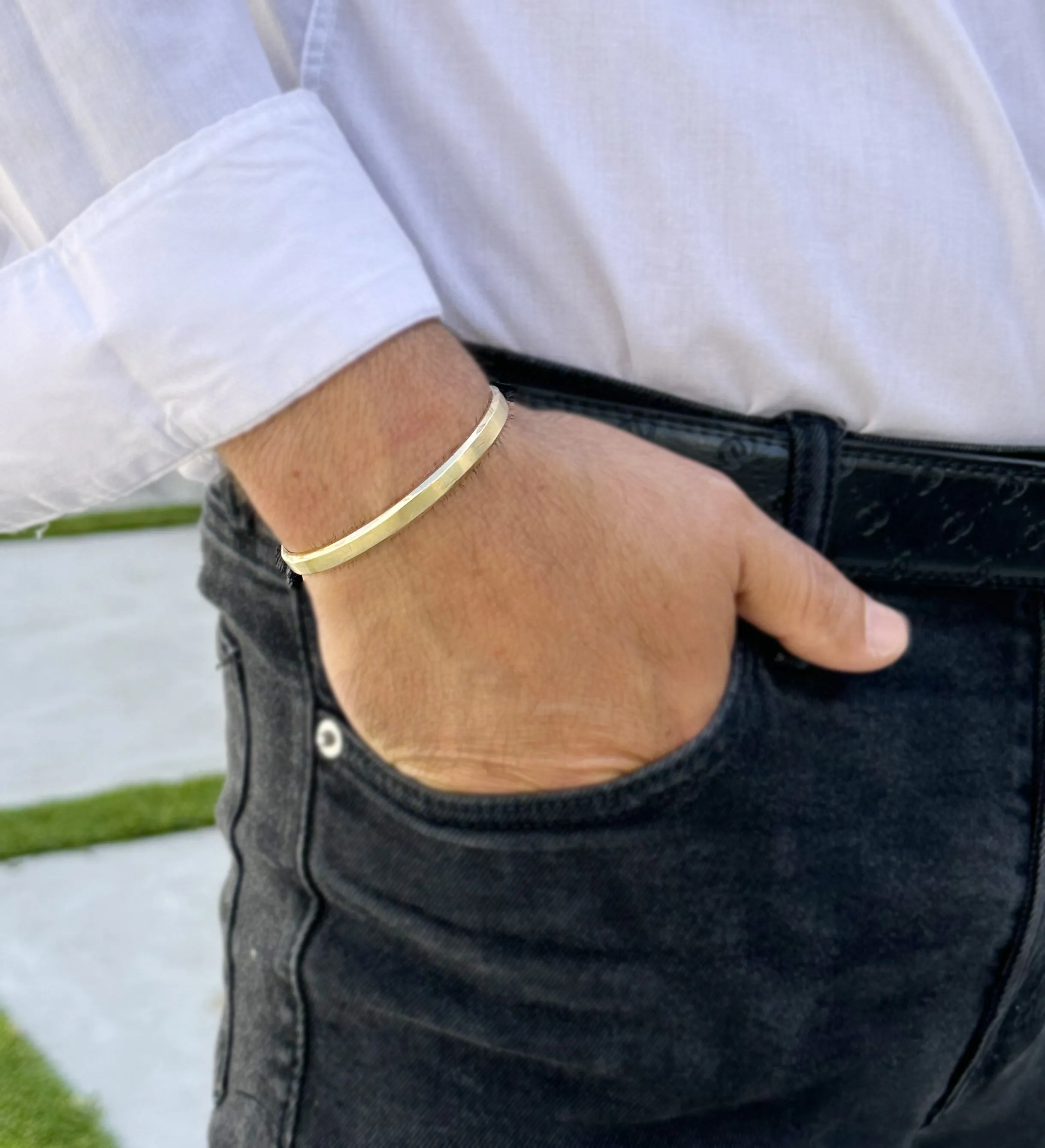 Two Round Diamonds 0.20ctw 14K , 18K Solid Heavy White Gold, Yellow Gold Or Rose Gold Men's Cuff Bangle 6mm Width Knife Cut Edges Brush Top