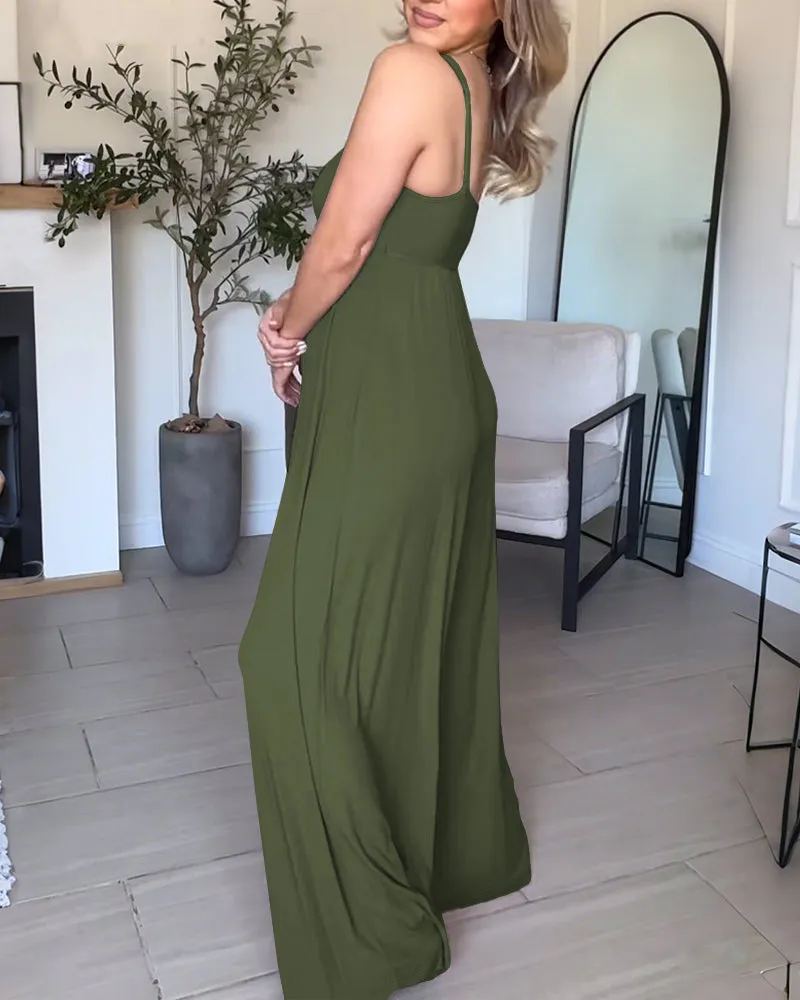U Neck Ribbed Spaghetti Strap Ovaeralls Casual Highlights Waistline Wide Leg Jumpsuit