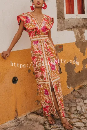 Unique Printed V-neck Open Back Ruffled Sleeves Slit Maxi Dress