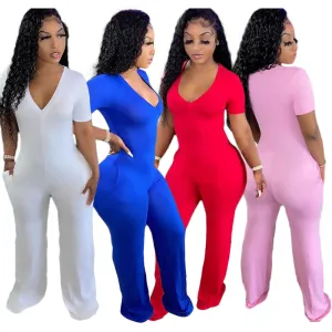 V-neck pocket wide-leg jumpsuit AY1132