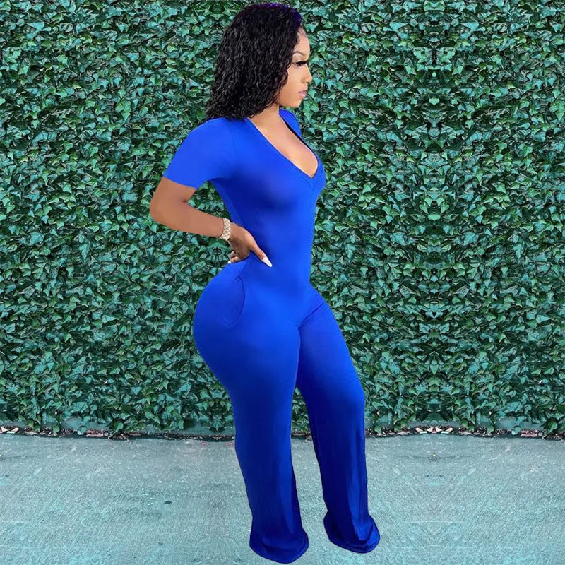 V-neck pocket wide-leg jumpsuit AY1132