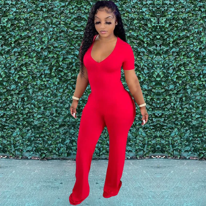 V-neck pocket wide-leg jumpsuit AY1132