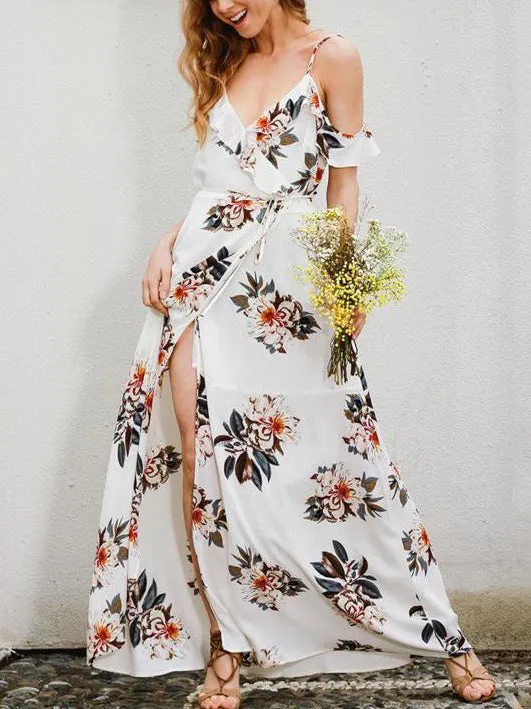 V-neck Sling Off-shoulder Side Slit Slim Long Dress