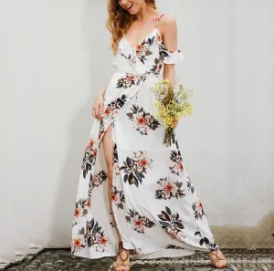 V-neck Sling Off-shoulder Side Slit Slim Long Dress