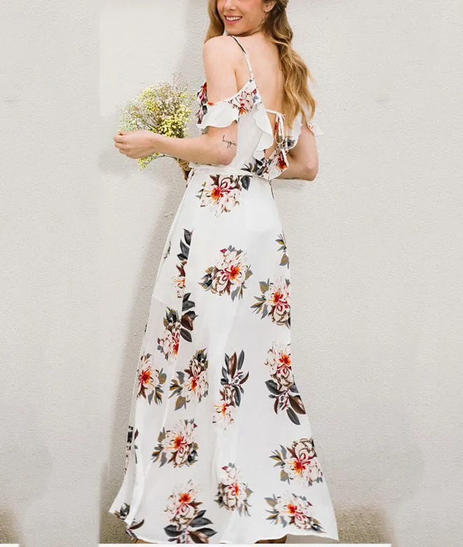 V-neck Sling Off-shoulder Side Slit Slim Long Dress
