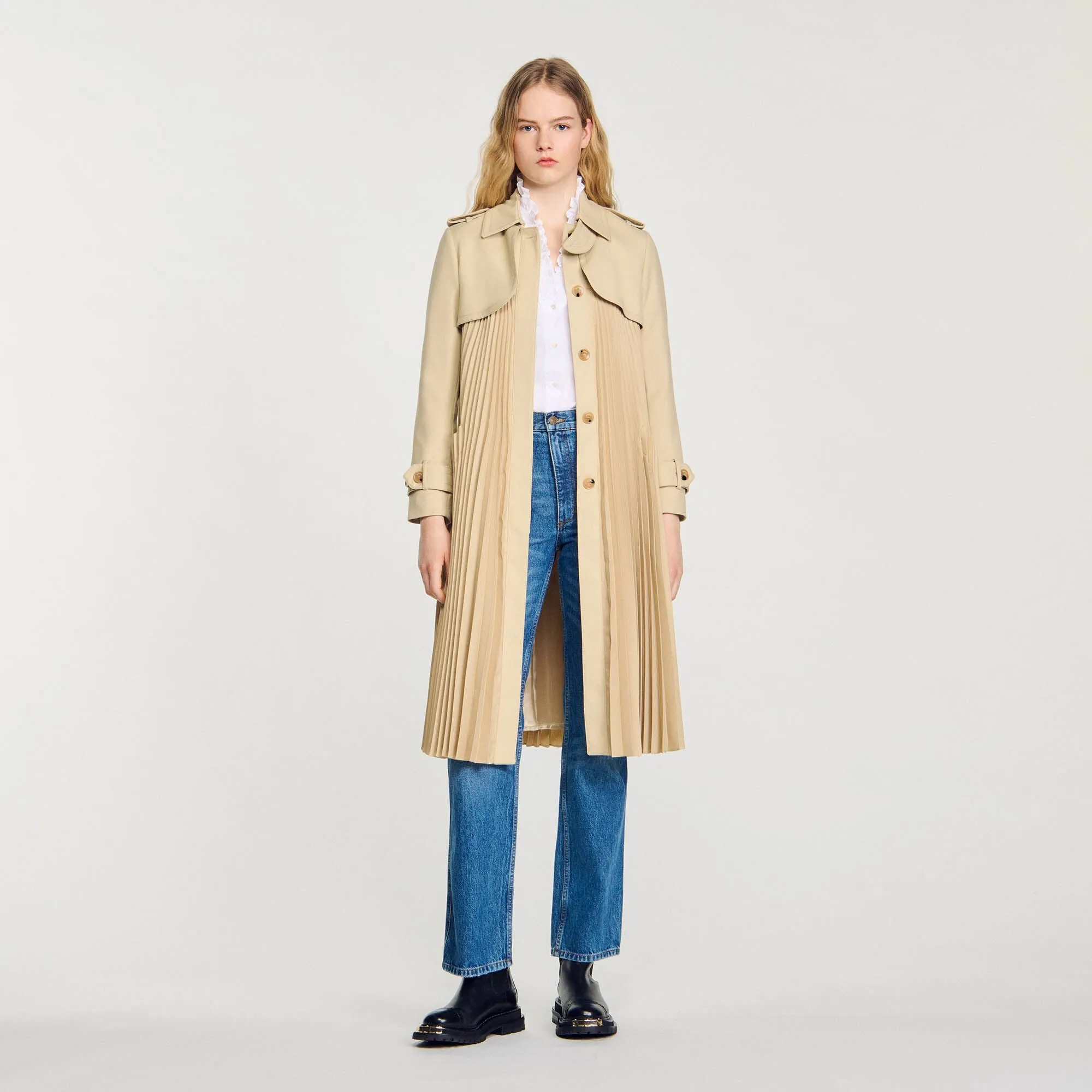 Vino Pleated Trench Coat With Belt Beige