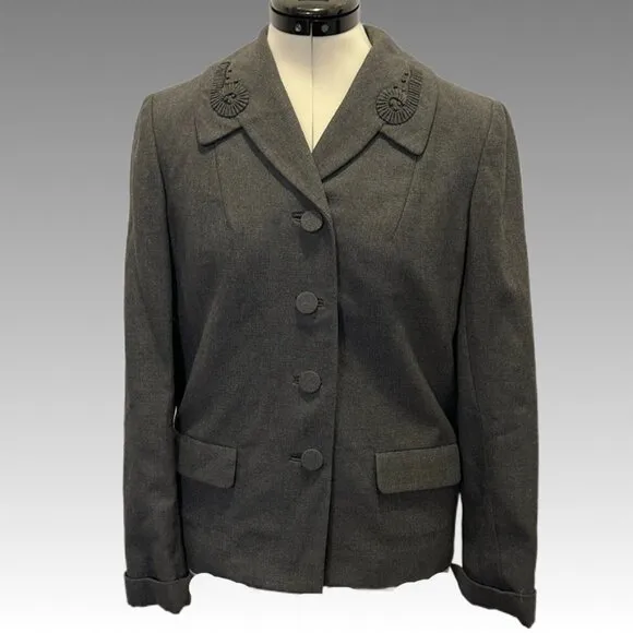 Vintage Betty Rose 1960s Blazer Jacket Gray Embellished Woven Wool Women 6 8