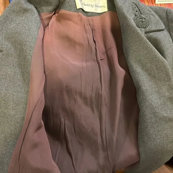 Vintage Betty Rose 1960s Blazer Jacket Gray Embellished Woven Wool Women 6 8