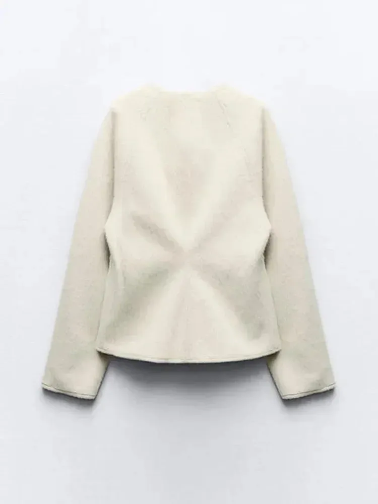 Vintage Leather Buckle Woolen Coat For Women Fashion V Neck Long Sleeve Cropped Jacket Spring Female High Street Outerwear