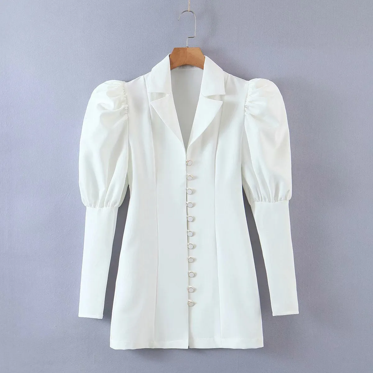 Vintage Puff Sleeve Single-breasted Mini Dresses