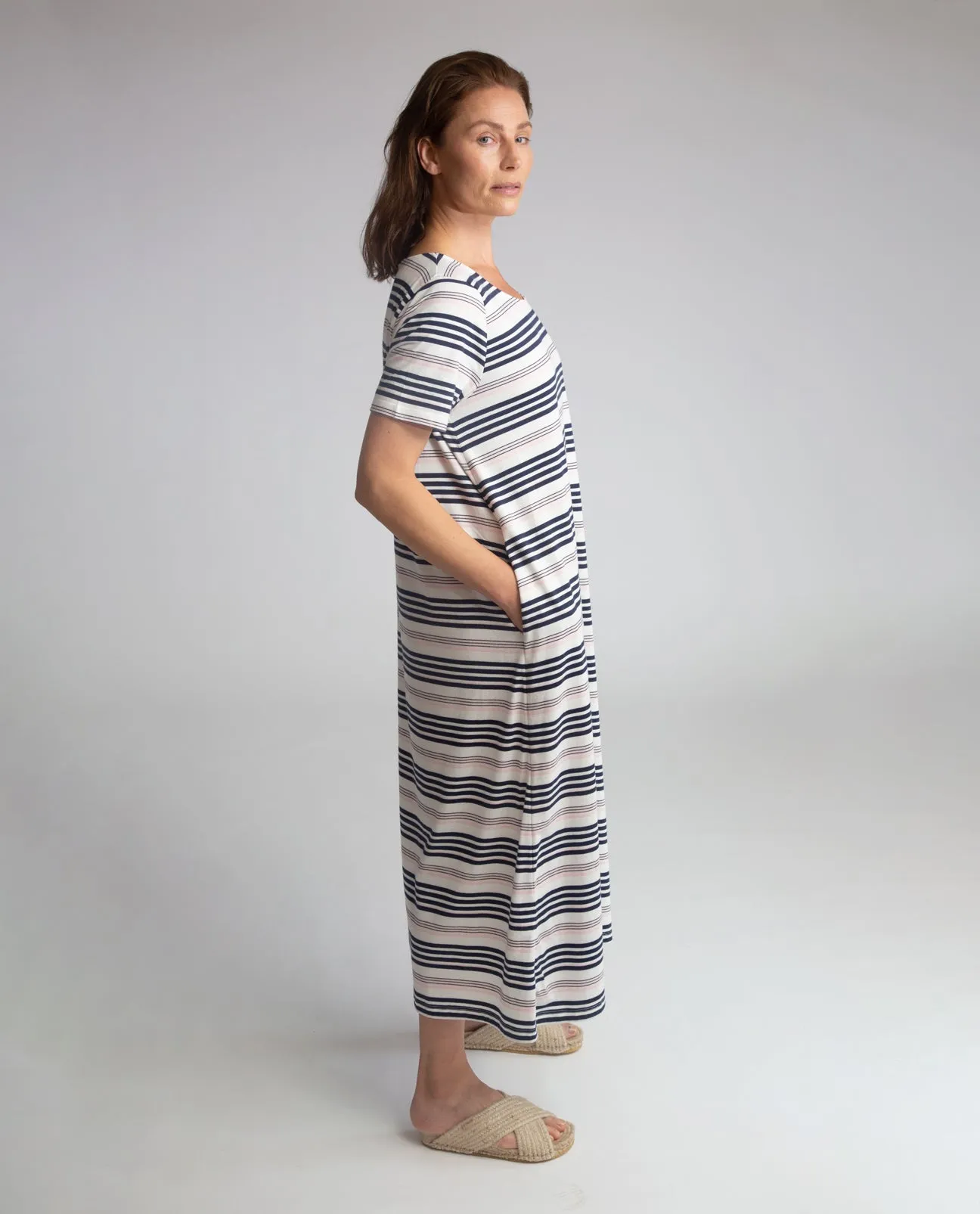 Viola-Sue Organic Cotton Dress In Off White, Navy & Amaranth
