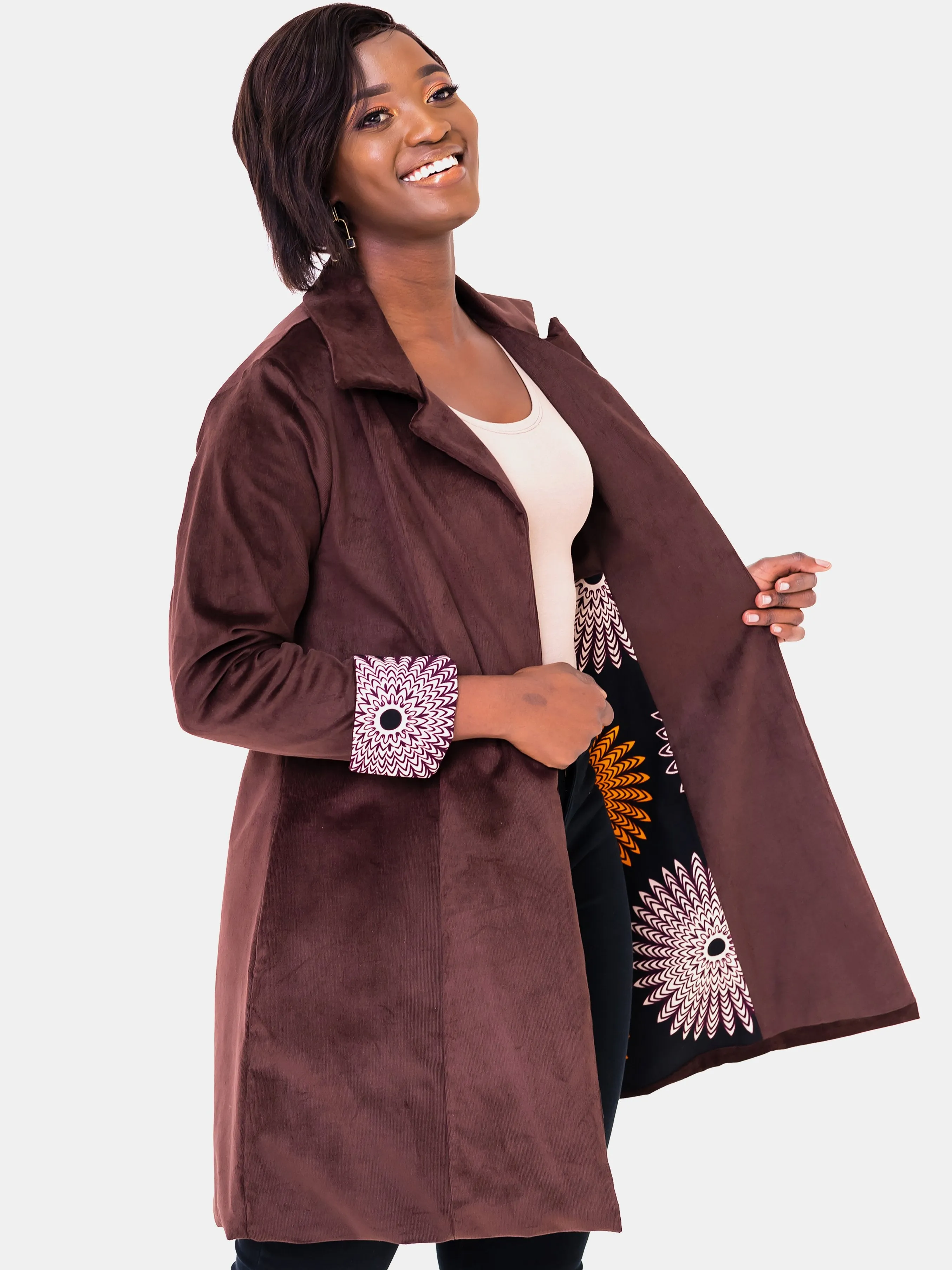 Vivo Corduroy Trench Coat - Brown Print