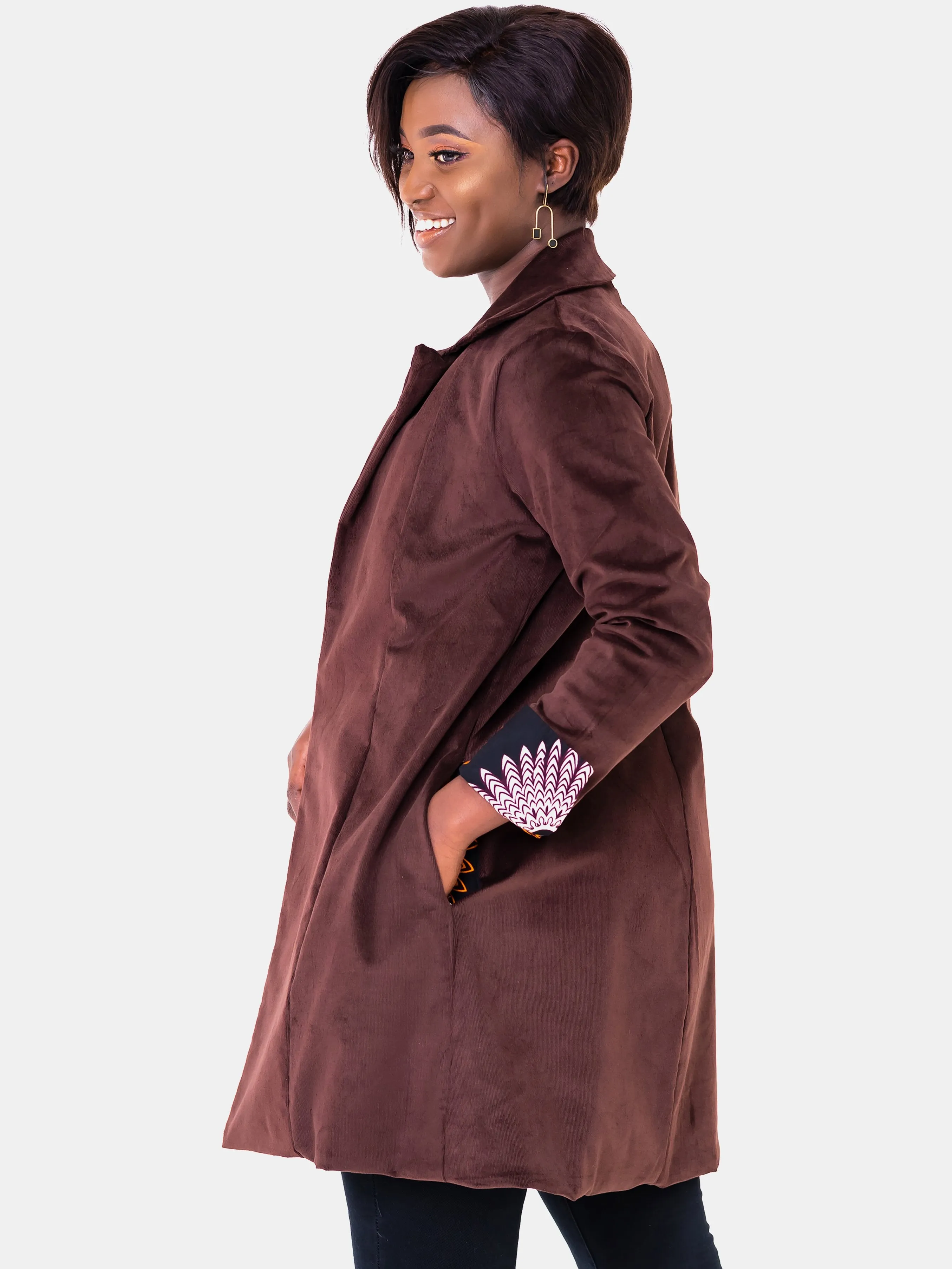 Vivo Corduroy Trench Coat - Brown Print